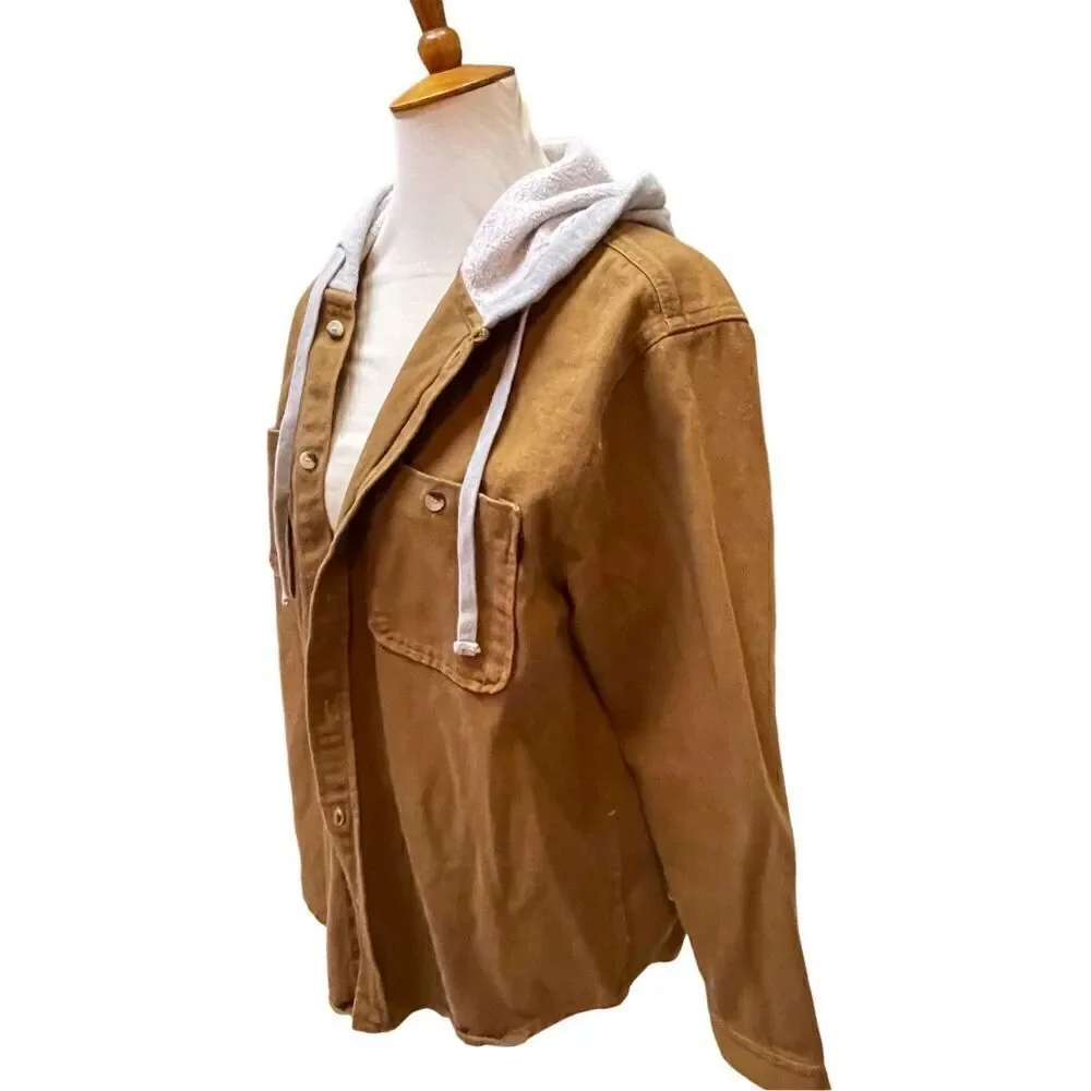 Valor Collective Canvas Denim Tan Button Down Jacket With Gray Hood Size Medium-